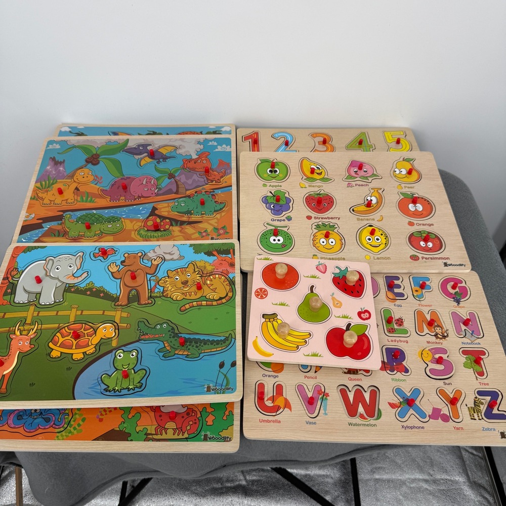 Woodlify Wooden Peg Puzzle Set Toddler Alphabet Numbers Animals Fruits 7 Pieces